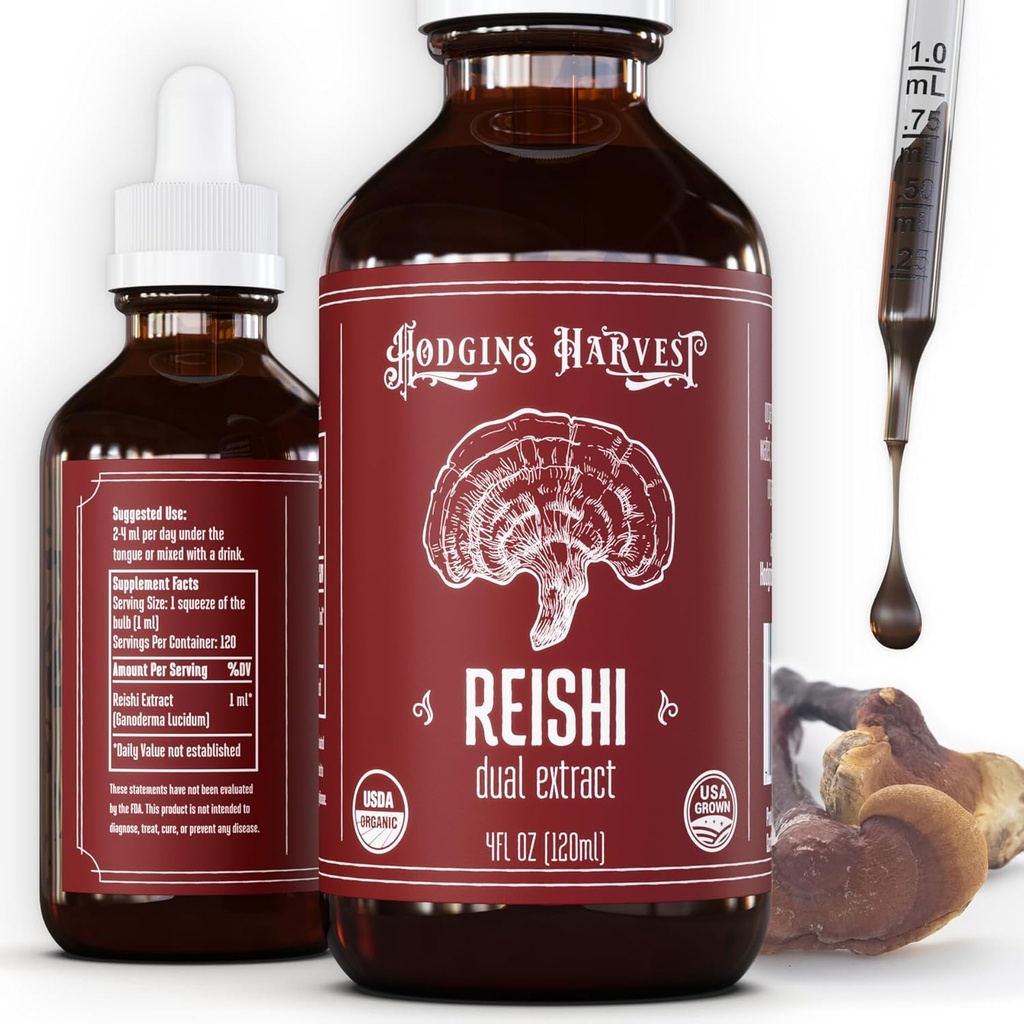 Hodgins Harvest Organic Reishi Mushroom Fruiting Body Extract Tecture - Supplément Extra Concentré Dual Extract - Soutiens Heart Health & Wellness - USDA Mushrooms Organic - 4 oz
