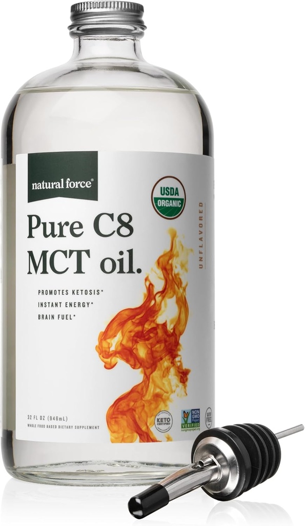 Natural Force Organic Pure C8 MCT Oil – Liquid MCT Oil in Glass Bottle Container – Concentrated Caprylic Acid – Keto, Paleo, Kosher, Vegan & Non-GMO – Lab Tested for Quality and Purity, 32 Ounce