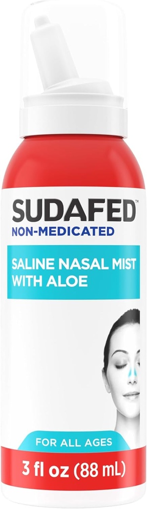 Mist saline non médicamenté Sudafed avec Aloe, Sinus Saline Nez Spray pour tous les âges Flushes et hydratants rapidement Passages nasaux, utiliser Nasal Mist aussi souvent que nécessaire, sans drogue, 3 fl. oz