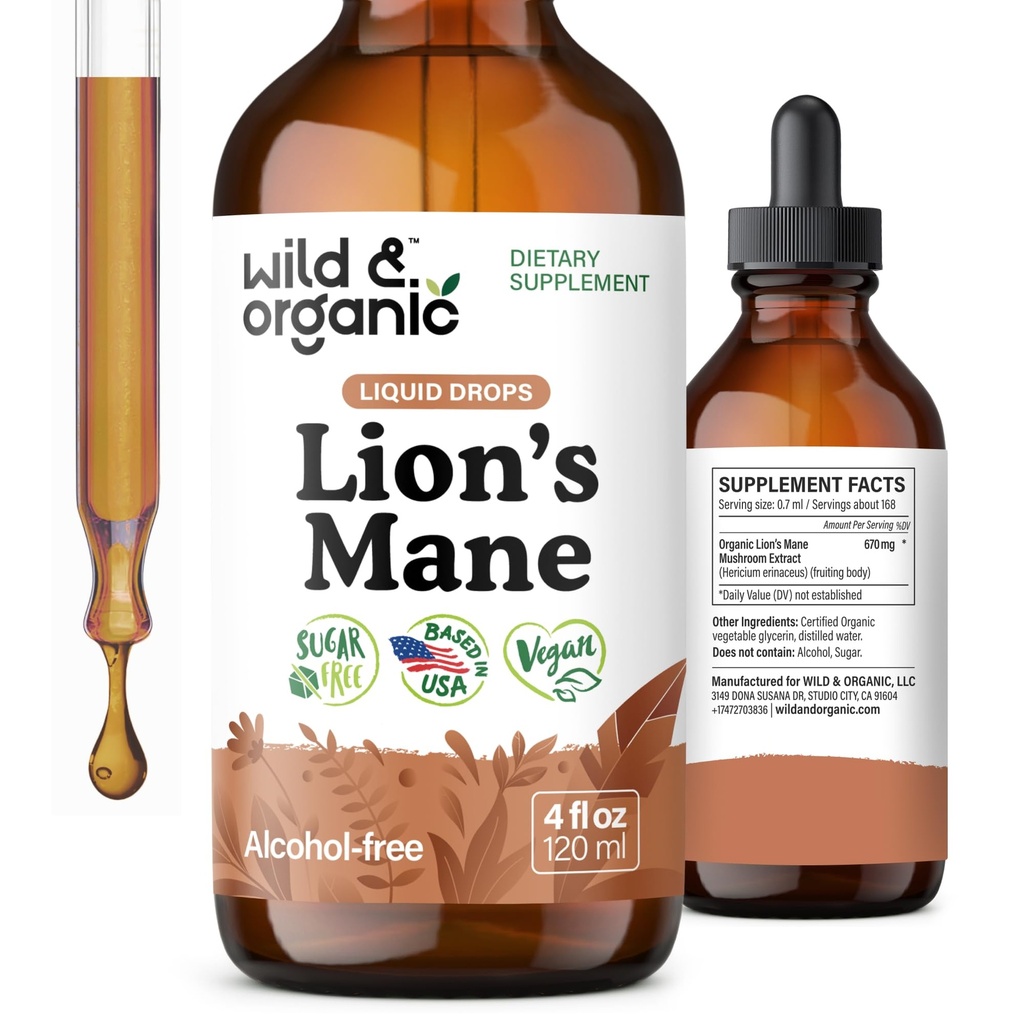 Lions sauvages et biologiques Mane gouttes liquides - Soutien Cerveau et Focus - Supplément de Champignons Lions - Hericium Erinaceus gouttes de Champignon - Teinture d'extrait végétalien, sans sucre et sans alcool - 4 fl oz