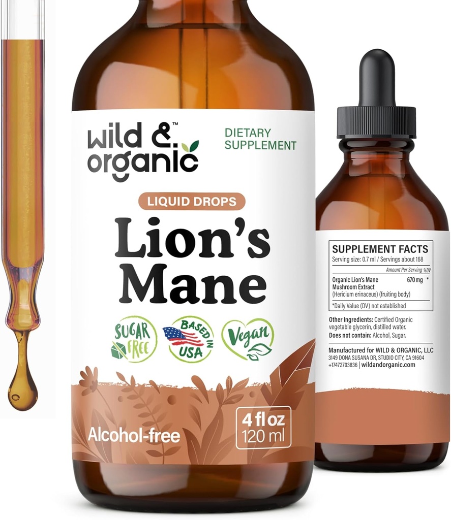 Lions sauvages et biologiques Mane gouttes liquides - Soutien Cerveau et Focus - Supplément de Champignons Lions - Hericium Erinaceus gouttes de Champignon - Teinture d'extrait végétalien, sans sucre et sans alcool - 4 fl oz