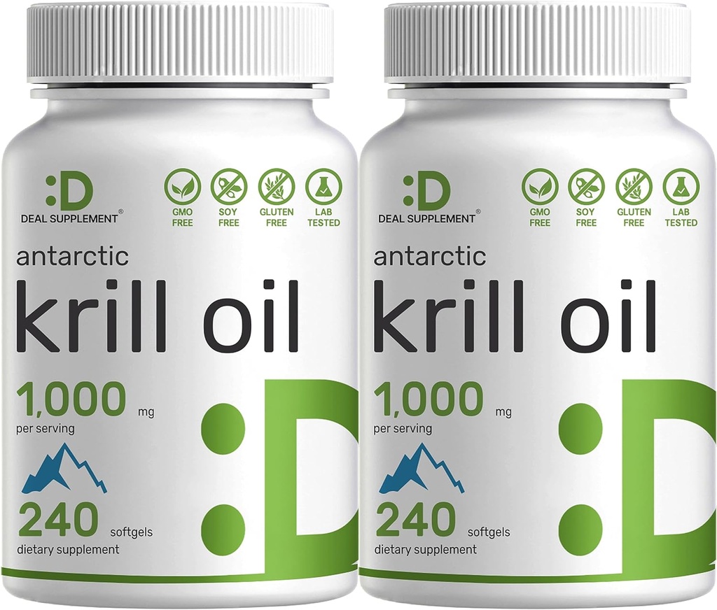 SUPPLÉMENT DE DÉAL 2 Pack d'huile de krill antarctique, 1 000 mg par portion, 480 softgels – sans mercure, sans goût de poisson – riche en oméga-3, EPA, DHA, astaxanthine et phosphates – non-OGM, sans gluten