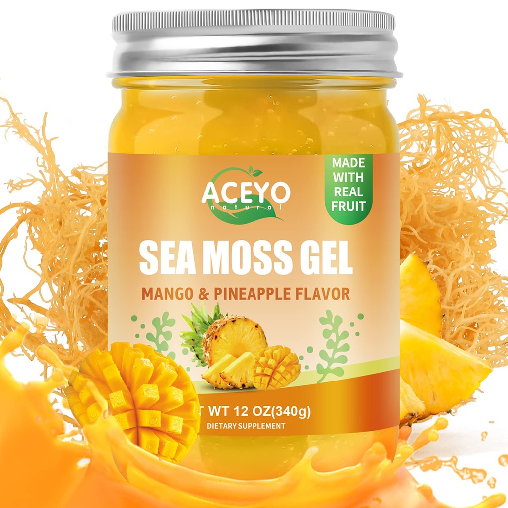 (12 OZ) Irish Sea Moss Gel Raw Vegan Mango Pineapple Flavor 102 Vitamins and Minerals Wild Harvested Non-GMO Immune Defense Booster Thyroid Digestive Support