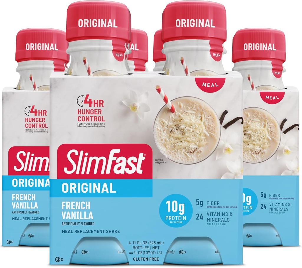 SlimFast repas de rechange Shake, Vanille française originale, 10g de protéines prêtes à boire, 11 Fl. Oz bouteille, 4 comte (paquet de 3) (emballage mai Vary)
