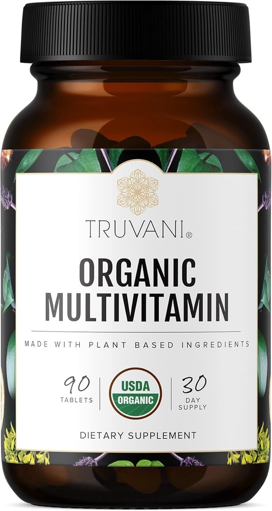Truvani Supplément multivitamines biologiques quotidiennes - Comprimés végétaliens, non OGM avec fer et biotine - Sans lait, soja et gluten - 30 jours d'approvisionnement (90 comprimés)