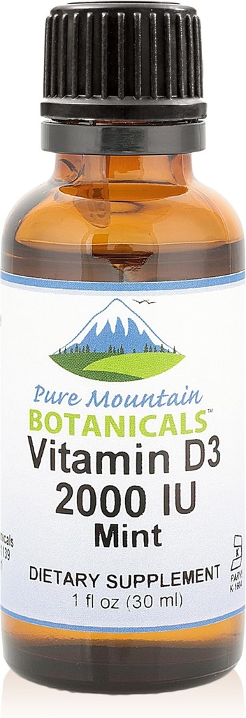 Botaniques de montagne purs Gouttes de vitamine D aromatisées – Vitamine liquide aromatisée à la menthe D3-2000iu par portion - bouteille de 1 oz