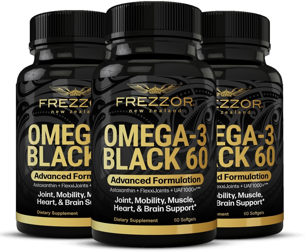 FREZZOR Omega 3 Noir pour l'entretien et le confort des articulations - Nouvelle-Zélande Capsules d'huile de moules à lèvres verte; 53x plus haute puissance avec UAF1000+ Super antioxydant, sans arrière-goût de poisson, 60 Compte (paquet de 3)
