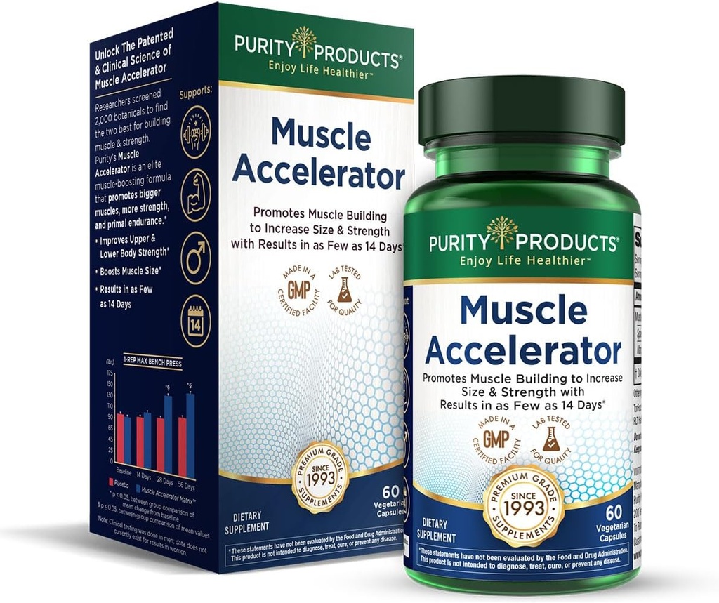 Produits de pureté Accélérateur musculaire 650 mg Mélange d'accélérateur musculaire breveté et testé cliniquement d'extraits d'herbes ayurvédiques favorise la force, l'endurance et la croissance musculaire - 60 capsules veg