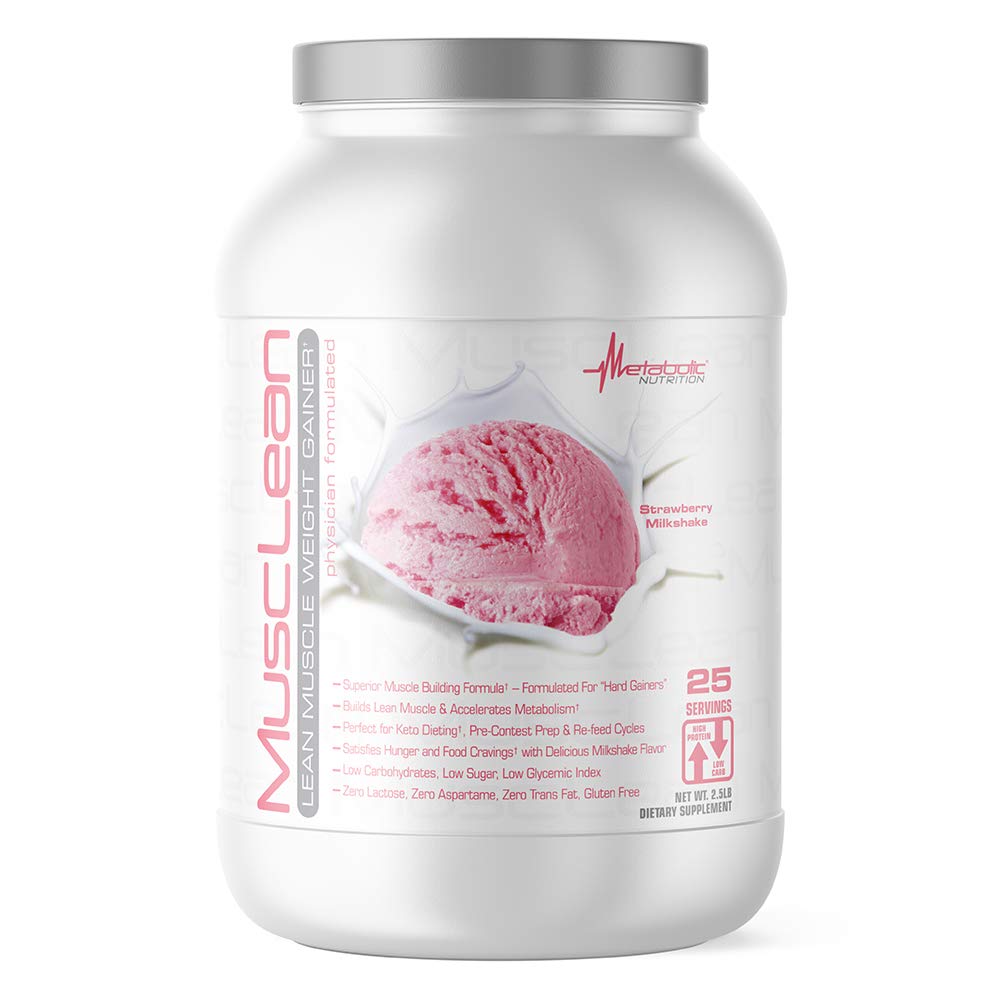 Nutrition métabolique - Musclean - Milkshake, Whey High Protein Meal Replacement, Maintenance Nutrition, Faible Carb, Keto Diet, Enzymes digestifs, Fraise, 2,5 livres (25 ser)
