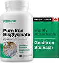 Bisglycinate de fer Vitasave – supplément de fer à haute absorption pour l'énergie, l'anémie et le soutien immunitaire – doux sur l'estomac – végétalien, non OGM, sans gluten – 120 capsules (Fabriqué au Canada)