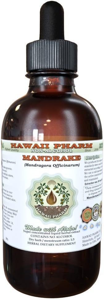 Hawaii Pharm Mandrake Extrait liquide sans alcool, Mandrake (Mandragora Officinarum) Supplément à base de glycérite séchée à base de plantes naturelles, États-Unis 2 oz