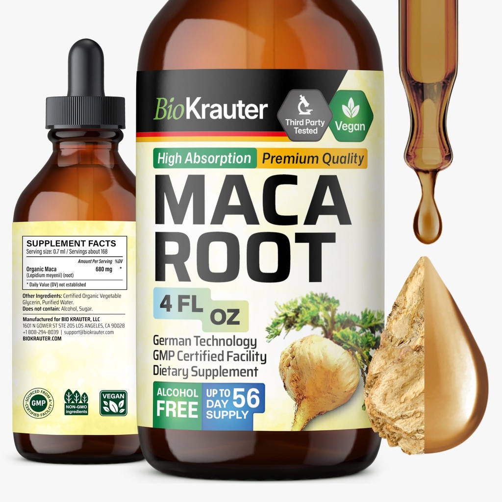 BIO KRAUTER gouttes liquides de racine de maca - Teinture d'extrait de maca - Vegan, sucre et alcool sans extrait 4 Fl.Oz.