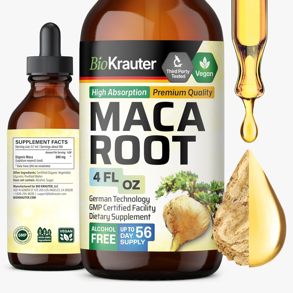 BIO KRAUTER gouttes liquides de racine de maca - Teinture d'extrait de maca - Vegan, sucre et alcool sans extrait 4 Fl.Oz.