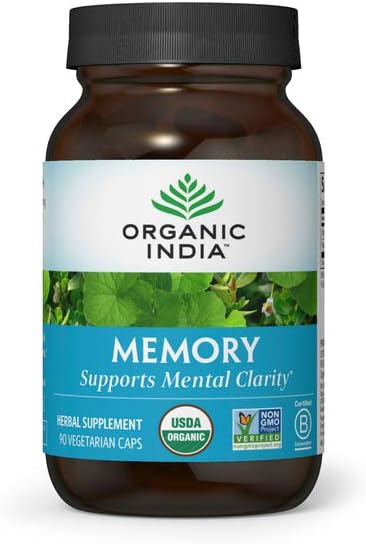 Supplément à base de plantes pour mémoire ORGANIQUE INDIA - Supplément Cerveau pour mémoire et focus, Bacopa Monnieri & Gotu Kola Supplément à base de plantes pour cerveau, support mémoire - USDA certifié biologique, non-OGM - 90 capsules