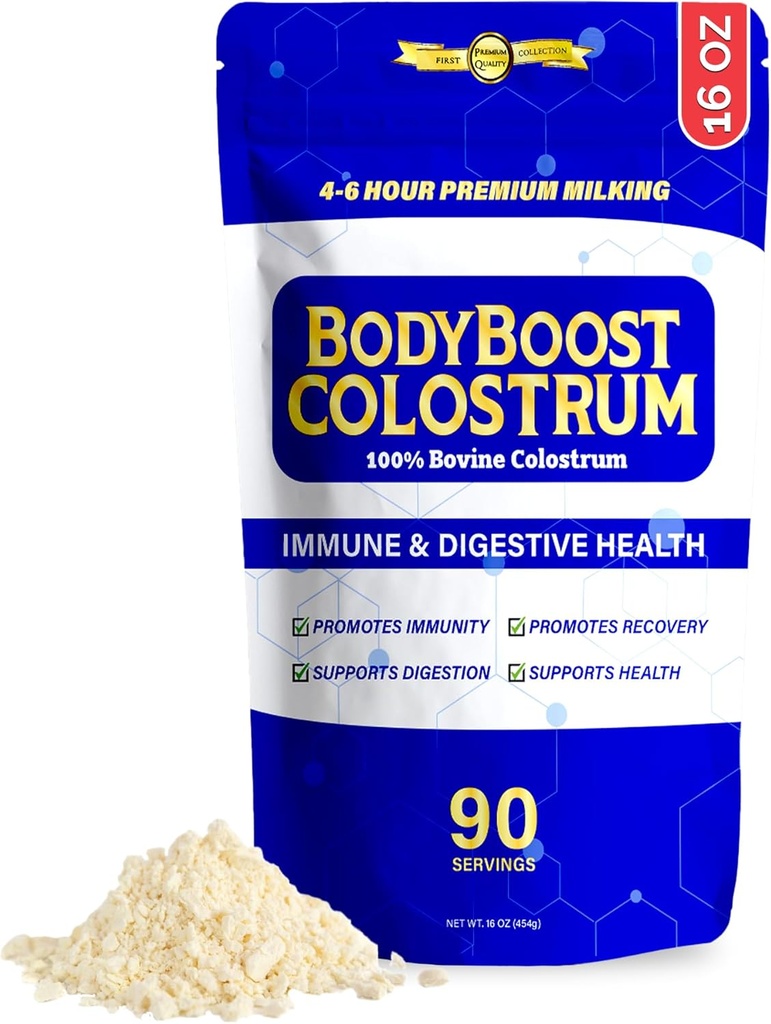 BodyBoost Premium Colostrum entier, 100% de Poudre de Colostrum Bovine, Supplément d'Immune Booster avec Immunoglobuline & Lactoferrine, Poudre de Colostrum herbeux, Santé Gut, Prise de diverse, 16 oz