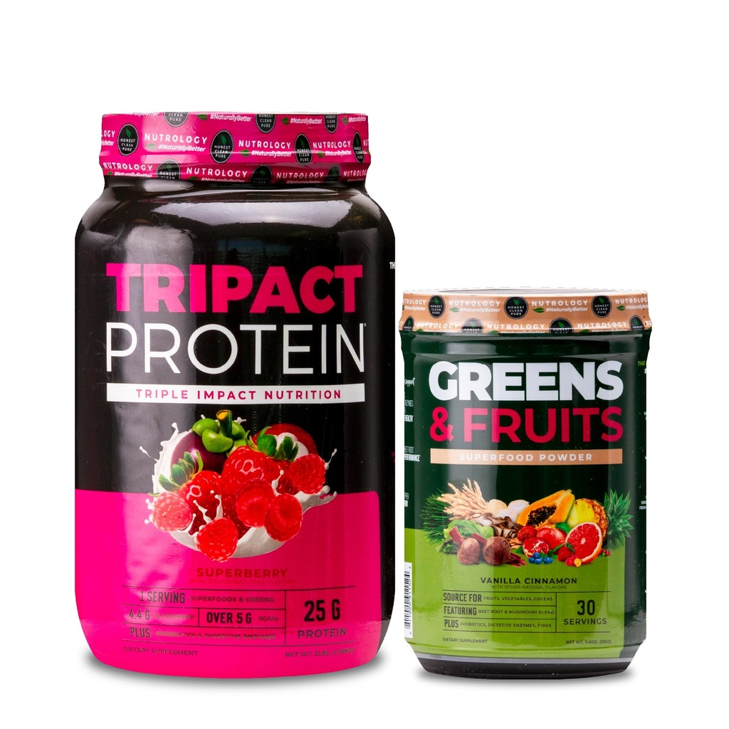 Nutrologie TRIPACT Poudre de protéines, 7-en-1 Remplacement des repas Shake, Superberry (40 portions) Greens & Fruits Superfood naturel, cannelle Vanilla (30 portions)