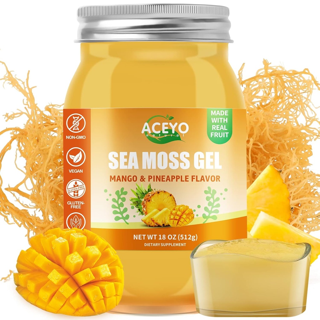 ACEYO (18 OZ) Gel de mousse de mer d'Irlande Ananas de mangue végétalien cru Saveur 102 Vitamines et minéraux Sauvages non-OGM récoltés