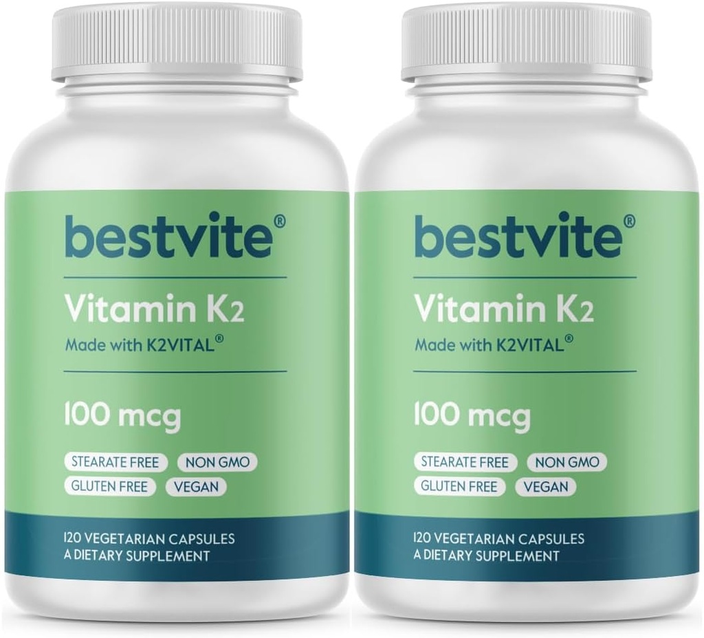 BESTVITE Vitamine K2 100 mcg sous forme de MK-7 (240 capsules végétariennes)(120x2) - Pas de stéarates - Vegan - Non OGM - Sans gluten