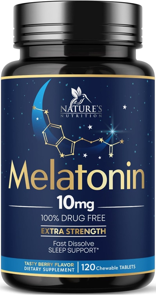 Melatonine 10 mg Dissolve rapide, Suppléments Melatonine pour le sommeil reposé, Supplément de soutien de sommeil naturel pour les adultes, Comprimés aromatisés à la fraise, sans sucre, 120 comprimés, 120 jours d'approvisionnement