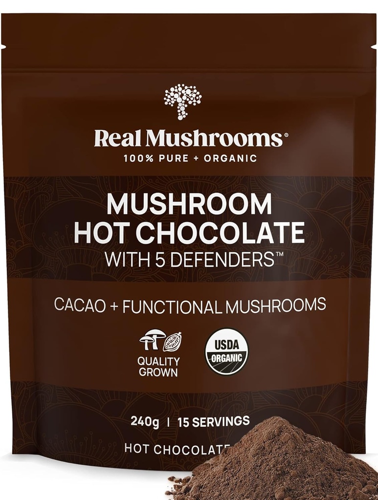 Véritables champignons Mélange de chocolat chaud biologique avec Reishi, Turquie Tail, Chaga, Shiitake, Maitake – Cacao Poudre de champignons organiques– 5 Defenders Champignon Cacao Poudre, Vegan, Sans gluten, 15 portions