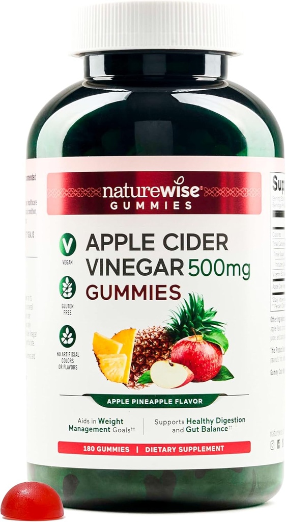 NatureWise Gommies de vinaigre de cidre de pomme - 1000mg de vinaigre de cidre de pomme par 2 + vitamine B12 - Vegan à base de pectine, sans gluten, non-OGM - 180 Nombre[90-jour d'approvisionnement pour 1000mg ou 6-mois d'approvisionnement pour 500mg]
