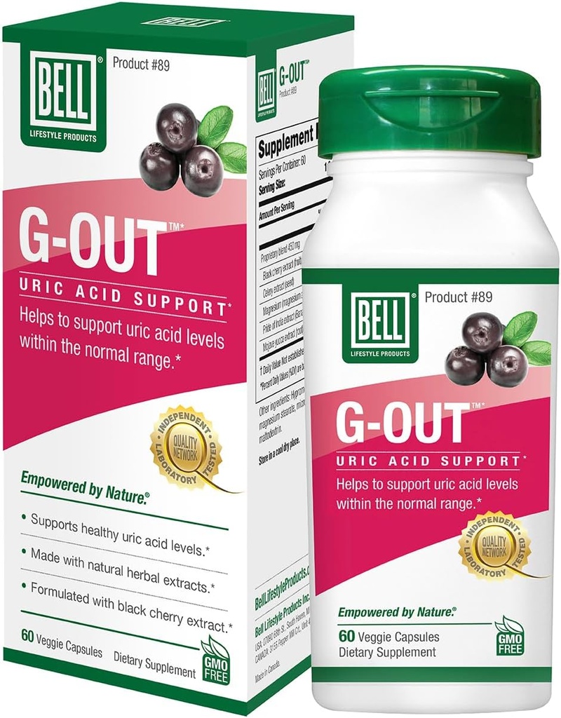 Bell G-Out Uric Acid Cleanse.Recommandé pour le gout - Un mélange unique d'extraits d'herbes qui aide à maintenir les niveaux d'acide Uric dans la gamme normale, soulagement de l'acide Uric, Flush Uric Acid 60 Capsules