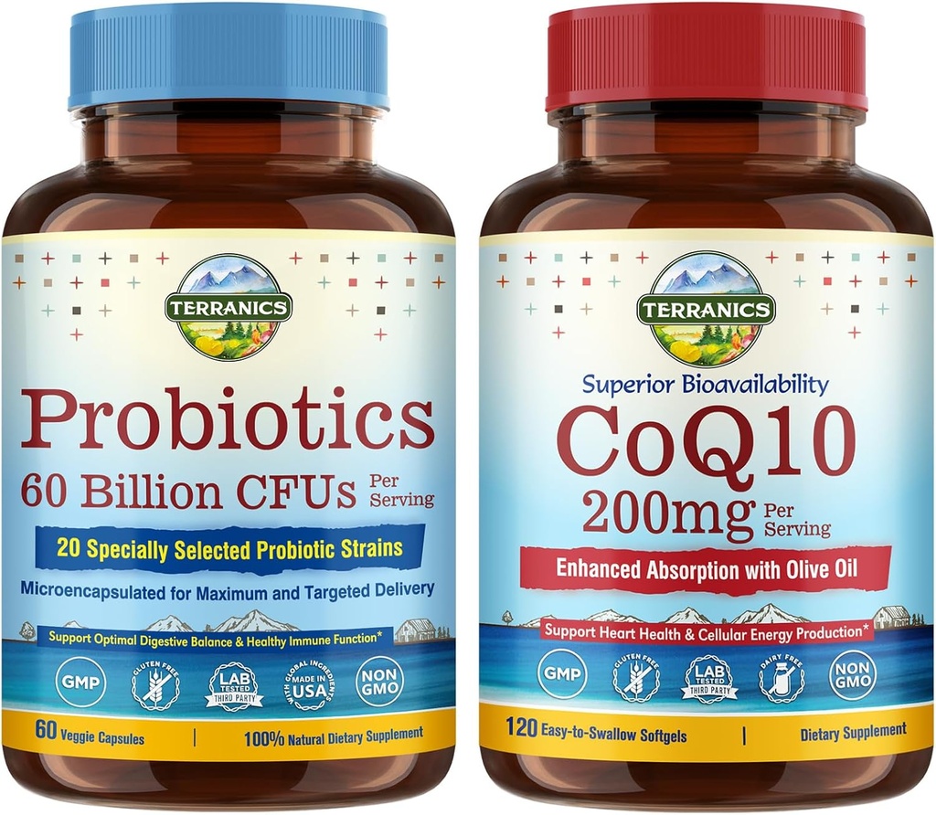 Terranics Probiotiques & CoQ10 Bundle, Heart & Digestion Health, 60 milliards de probiotiques, Coenzyme bioactive Q10 200mg, Extra Virgin Olive Oil, Bundle & Save
