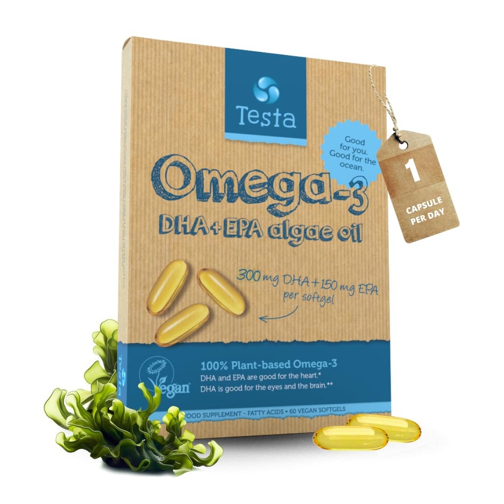 Supplément de testa Omega-3 - Capsules Omega 3 DHA de l'EPA à base de végane à partir d'algues - Acides gras Omega 3 - Soutient la santé cardiaque, cérébrale et articulaire - Négatif plastique, RTG et Kosher - Approvisionnement de deux mois