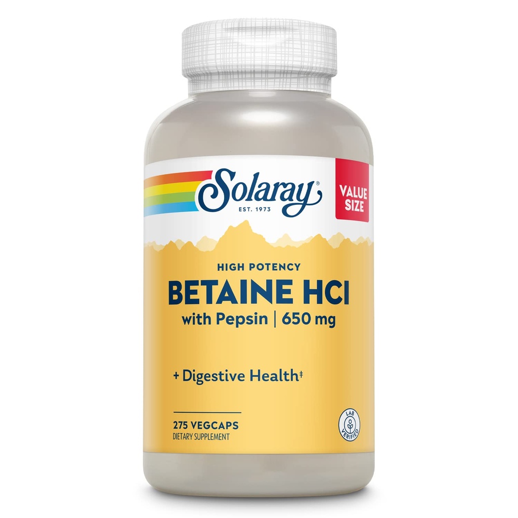 Solaray High Potency Betaine HCL avec Pepsin - supplément d'acide chlorhydrique pour la santé digestive - avec chlorhydrate de bétaine et enzymes digestives - Gut Health Support - garantie de 60 jours, 275 VegCaps