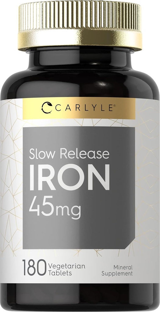 Carlyle Slow Release Iron 45 mg (180 comprimés) Supplément minéral de sulfates ferreux (pour hommes et femmes) Formule végétarienne, sans OGM et sans gluten