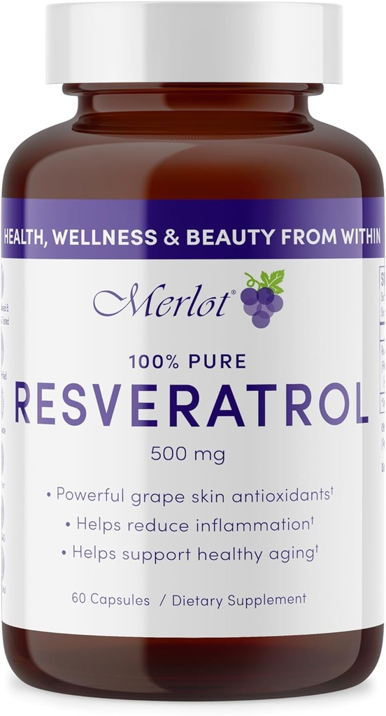 Merlot Resveratrol 500mg Capsules - 60 Compte - Beauté dans le supplément anti-Age Non OGM sans gluten Fabriqué aux États-Unis