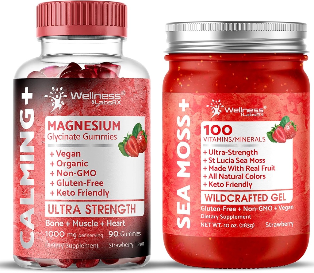 WELLNESS LABSRX Irish Sea Moss Gel Fraise Saveur - Glycinat de magnésium Gommies 1000mg