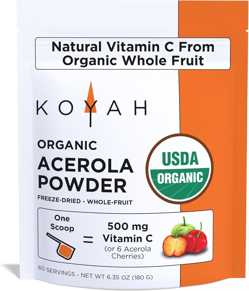 KOYAH - Poudre d'acérola biologique: Séché surgelé, 100% pur, 500 mg de vitamine naturelle C par scoop, aliments entiers, non OGM, végétalien, 60 portions, fabriqués à partir de cerises d'acérola cultivées au Brésil