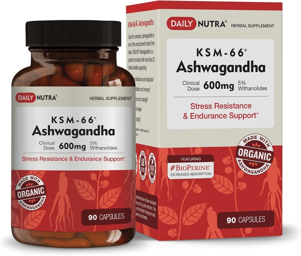 DailyNutra KSM-66 Ashwagandha 600mg Extrait de racine organique - Supplément de puissance élevée avec 5% de Withanolides.