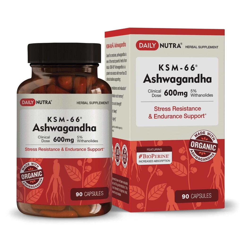 DailyNutra KSM-66 Ashwagandha 600mg Extrait de racine organique - Supplément de puissance élevée avec 5% de Withanolides.