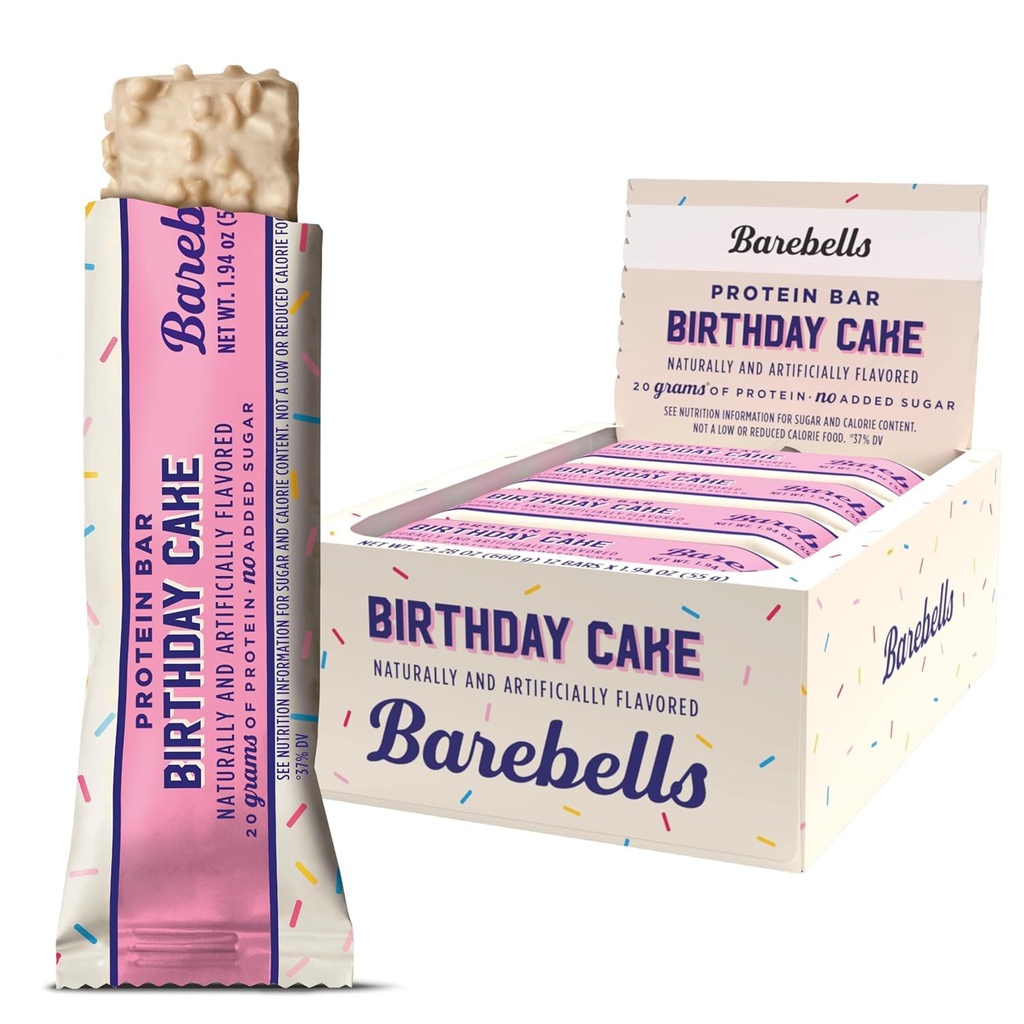 Barebells Barres protéinées Cake d'anniversaire - 12 comtes, 20g haute protéinité traités - Chocolat barre de nutrition avec 1g de sucres totaux - Petit déjeuner sur le pouce ou Snack post-entraînement