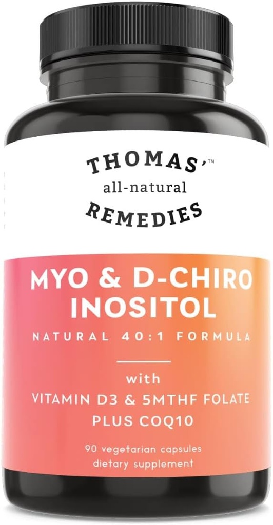 Remèdes tout-naturels de Thomas Myo Inositol Supplément et D-Chiro Inositol Mélange avec Folate et vitamine D3, 40 à 1 Rapport, Non-OGM, Pas de remplissage, CoQ10, 90 Capsules Vegan
