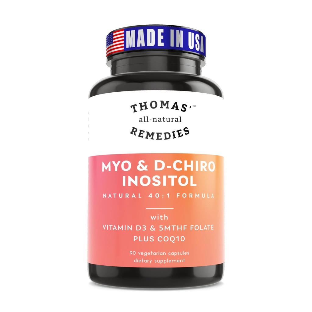 Remèdes tout-naturels de Thomas Myo Inositol Supplément et D-Chiro Inositol Mélange avec Folate et vitamine D3, 40 à 1 Rapport, Non-OGM, Pas de remplissage, CoQ10, 90 Capsules Vegan