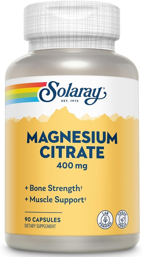 Citrate de magnésium de Solaray - Capsules de citrate de magnésium pur, supplément pour calme, santé osseuse, énergie cellulaire, soutien cardiaque et musculaire, 400mg par portion - 90 Capsules Vegan (paquet de 2)