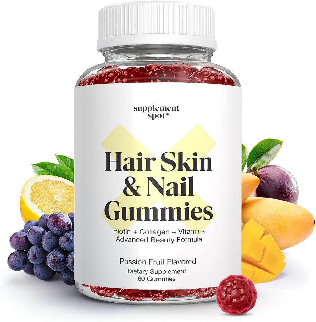 Peau et ongles de cheveux Vitamines, 6000 mcg Biotine Gommies avec/collagène, Vitamines de cheveux aromatisées de fruits de passion, Suppléments sans gluten de collagène (60 Nombre)