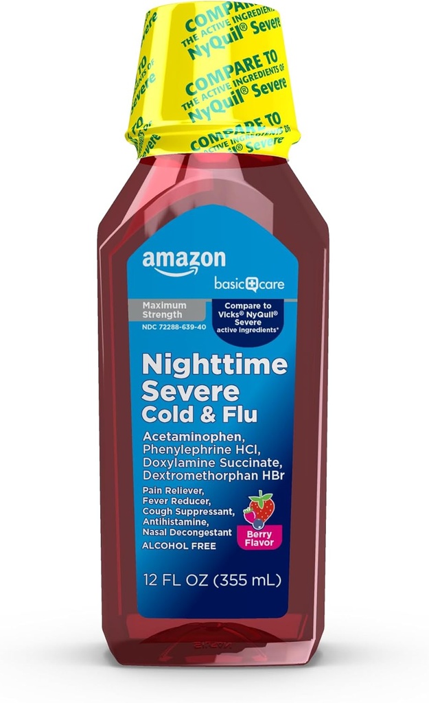 Soins de base pendant la nuit Syrup rhume et grippe sévère, médecine liquide de Max Strength, soulagement multisymptômes, pour les adultes et les enfants de 12 ans et plus, saveur de baie mixte, 12 fl oz (paquet de 1)
