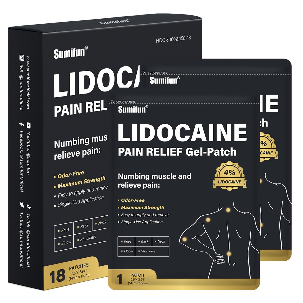 Sumifun 4% Patches de lidocaïne, 18 Platins à longue durée de comptage pour le genou, l'épaule, le muscle, les articulations avec des ingrédients naturels, Patch étendu avec Lidocaïne FSA ou HSA Admissible