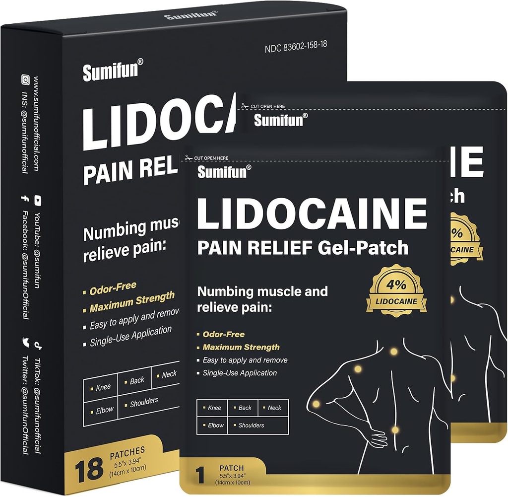 Sumifun 4% Patches de lidocaïne, 18 Platins à longue durée de comptage pour le genou, l'épaule, le muscle, les articulations avec des ingrédients naturels, Patch étendu avec Lidocaïne FSA ou HSA Admissible