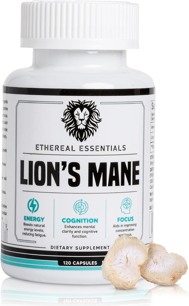 Capsules de cognition de champignons de la Mane des Lions (120 comtes) - Extrait de la Mane des Lions en poudre de champignons - Vitamines cérébrales - Cognition - Supplément focus