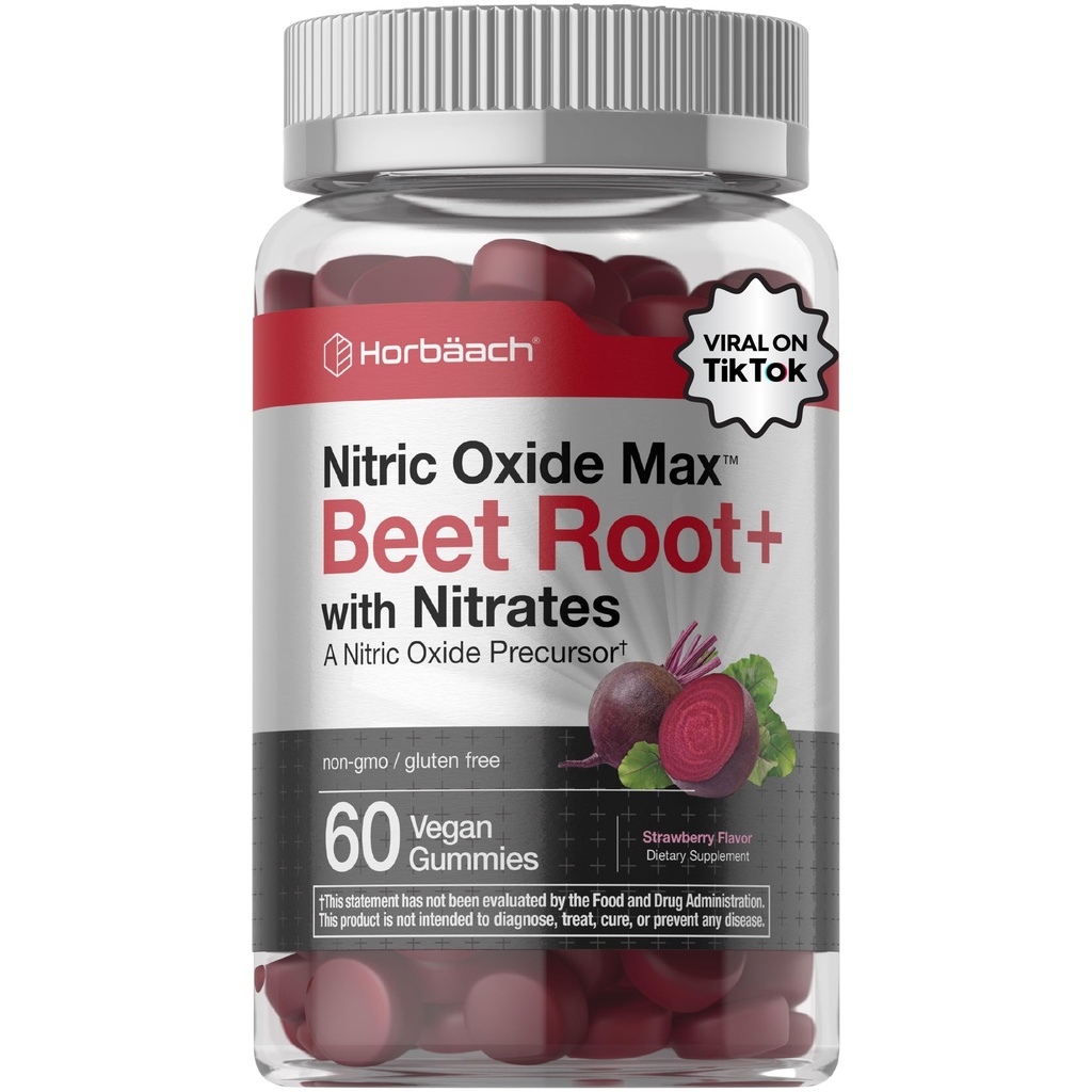 Horbäach Nitric Oxide Beet Root Gummies de 60 comtes avec des nitrates de fraise Saveur de fraise de légumes, sans OGM, supplément sans gluten