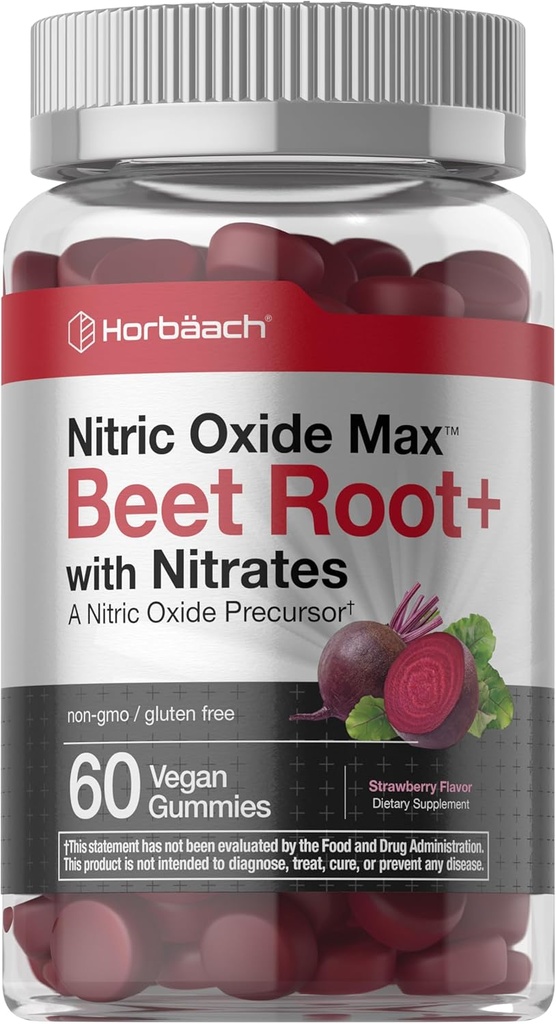 Horbäach Nitric Oxide Beet Root Gummies de 60 comtes avec des nitrates de fraise Saveur de fraise de légumes, sans OGM, supplément sans gluten