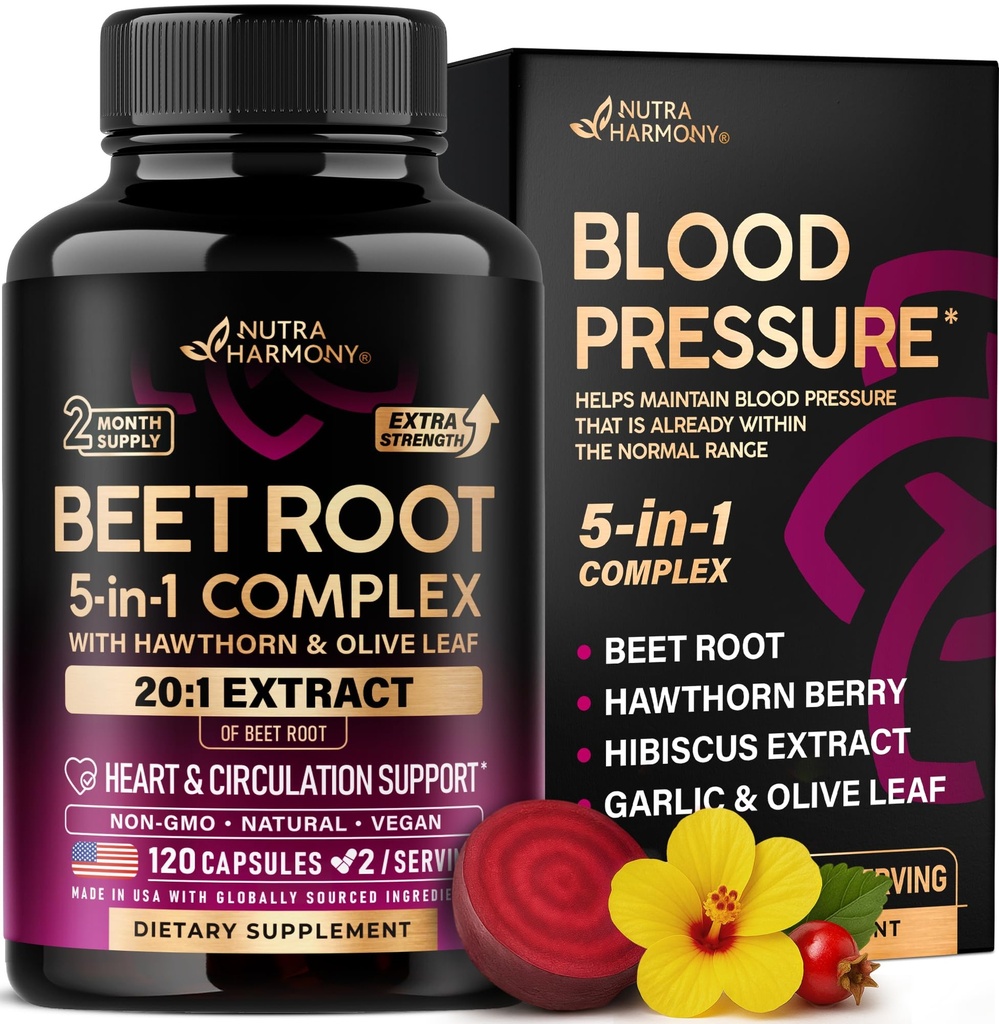 Capsules de racine de betterave - Supplément de soutien de la pression artérielle saine** pour le soutien du coeur et de la circulation - avec Berry Hawthorn, Hibiscus & Ail - Oxyde nitrique pour l'énergie - Fabriqué aux États-Unis, 120 Capsules