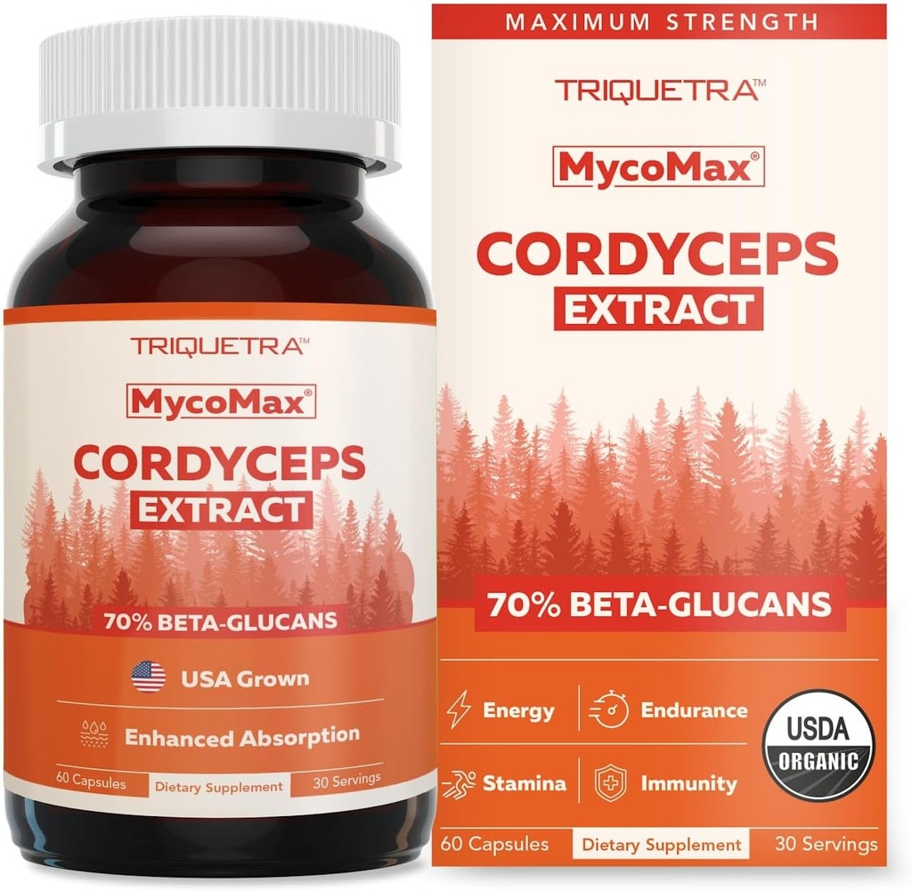 Extrait de champignons de Cordyceps bio - 70% Beta Glucans - Les niveaux les plus élevés d'éléments nutritifs actifs, Capsules de Cordyceps de puissance maximale, É.-U.