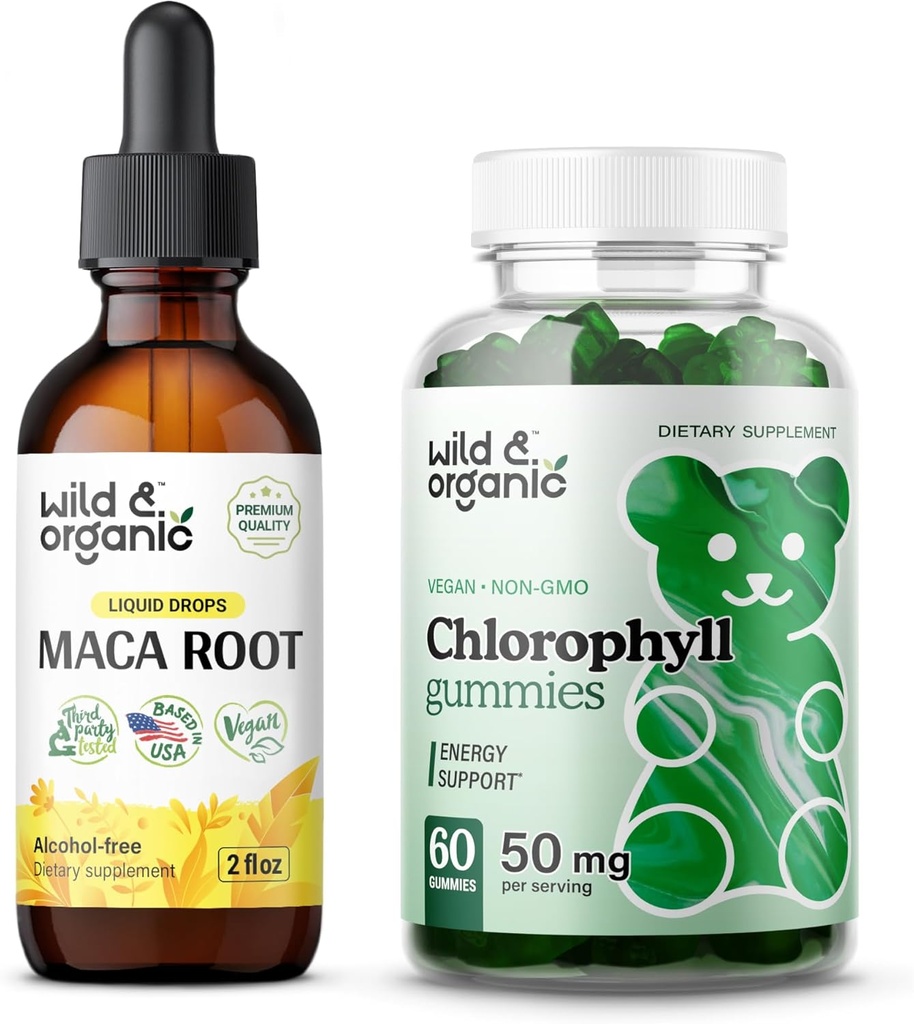 Teinture de racine de maca sauvage et biologique 2 fl oz et Gommies de chlorophylle