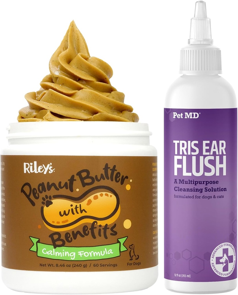 Pet MD Vétérinaire Tris Ear Flush + Le beurre d'arachide calmant de Riley pour chiens